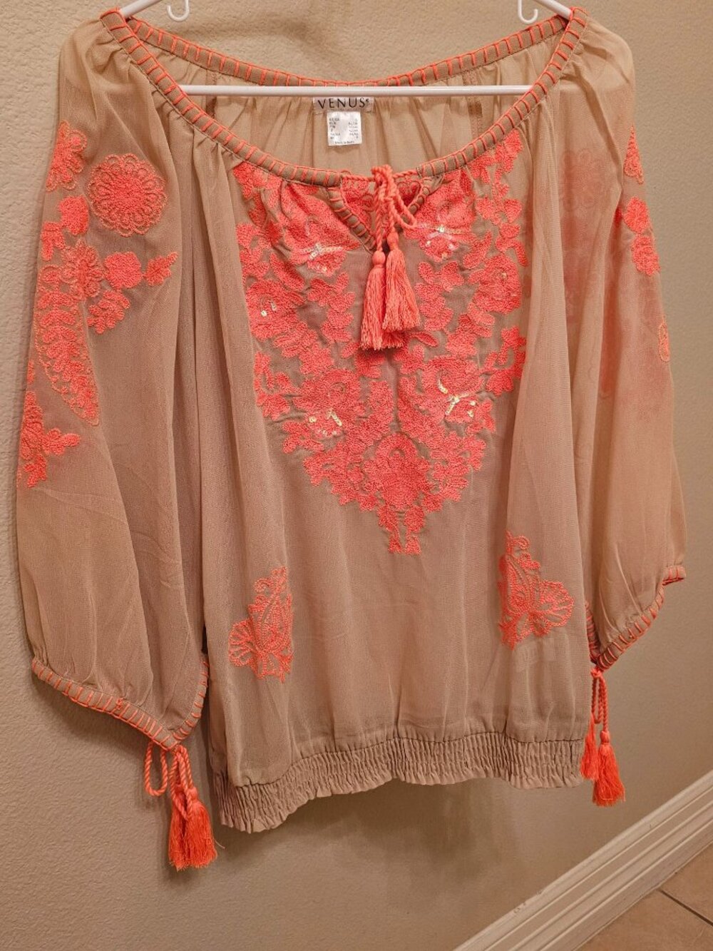 Venus Small Tan / Neon Orange Blouse w / Tassles